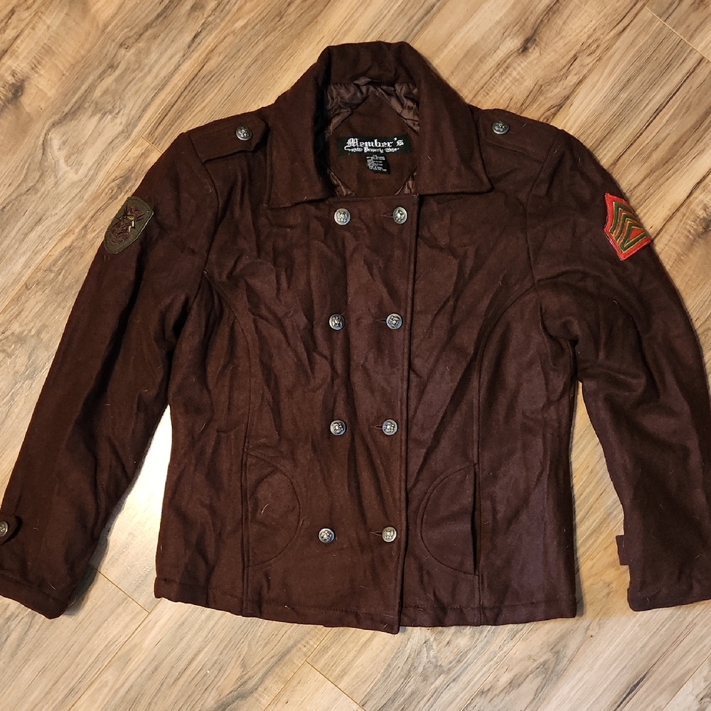 Womens Wool-blend, Brown Double-Breasted Military Jacket
